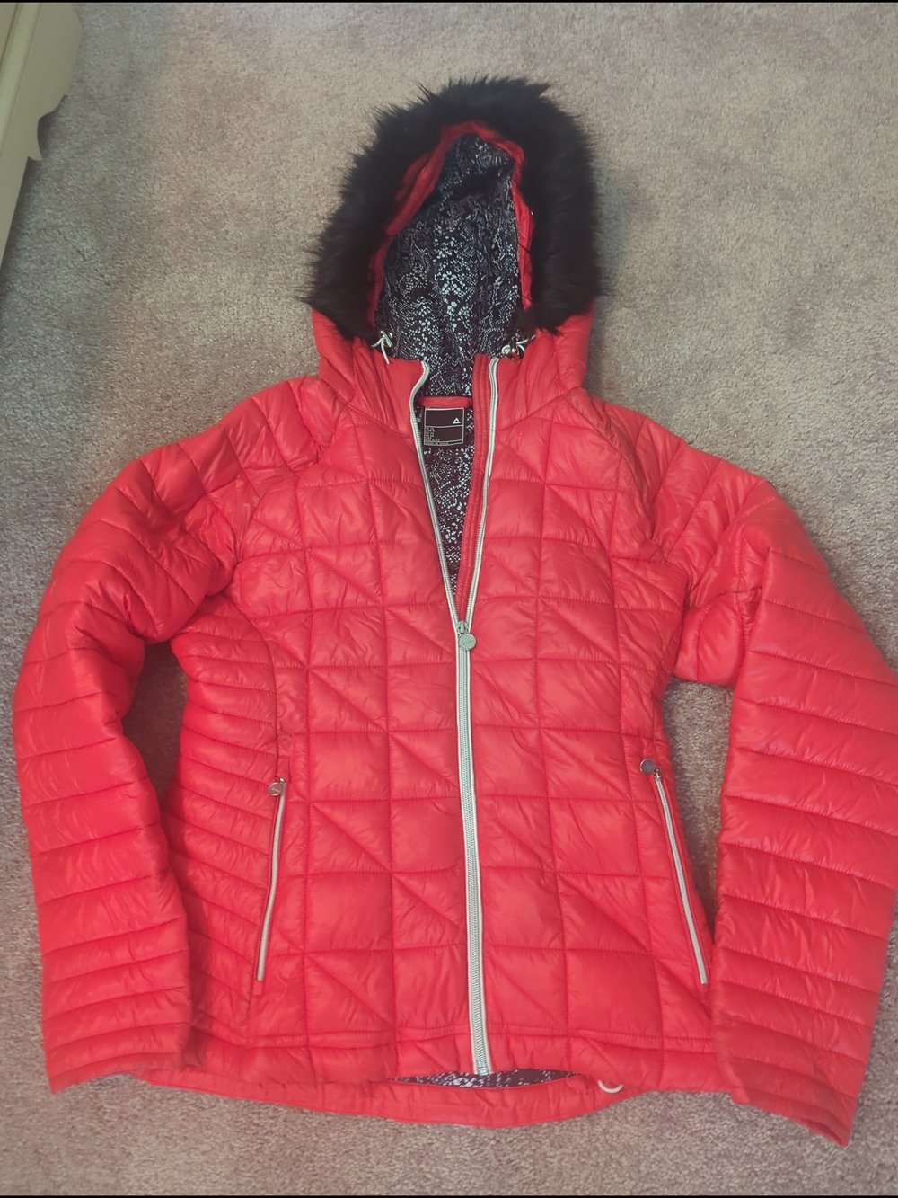 Dare2b Red Quilted Hooded Puffer with Faux Fur Trim